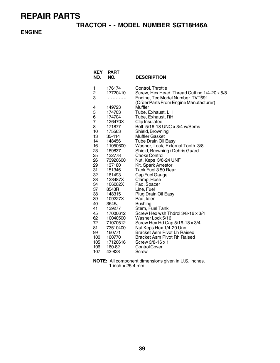 Repair parts, Tractor - - model number sgt18h46a | Weed Eater SGT18H46A User Manual | Page 39 / 48