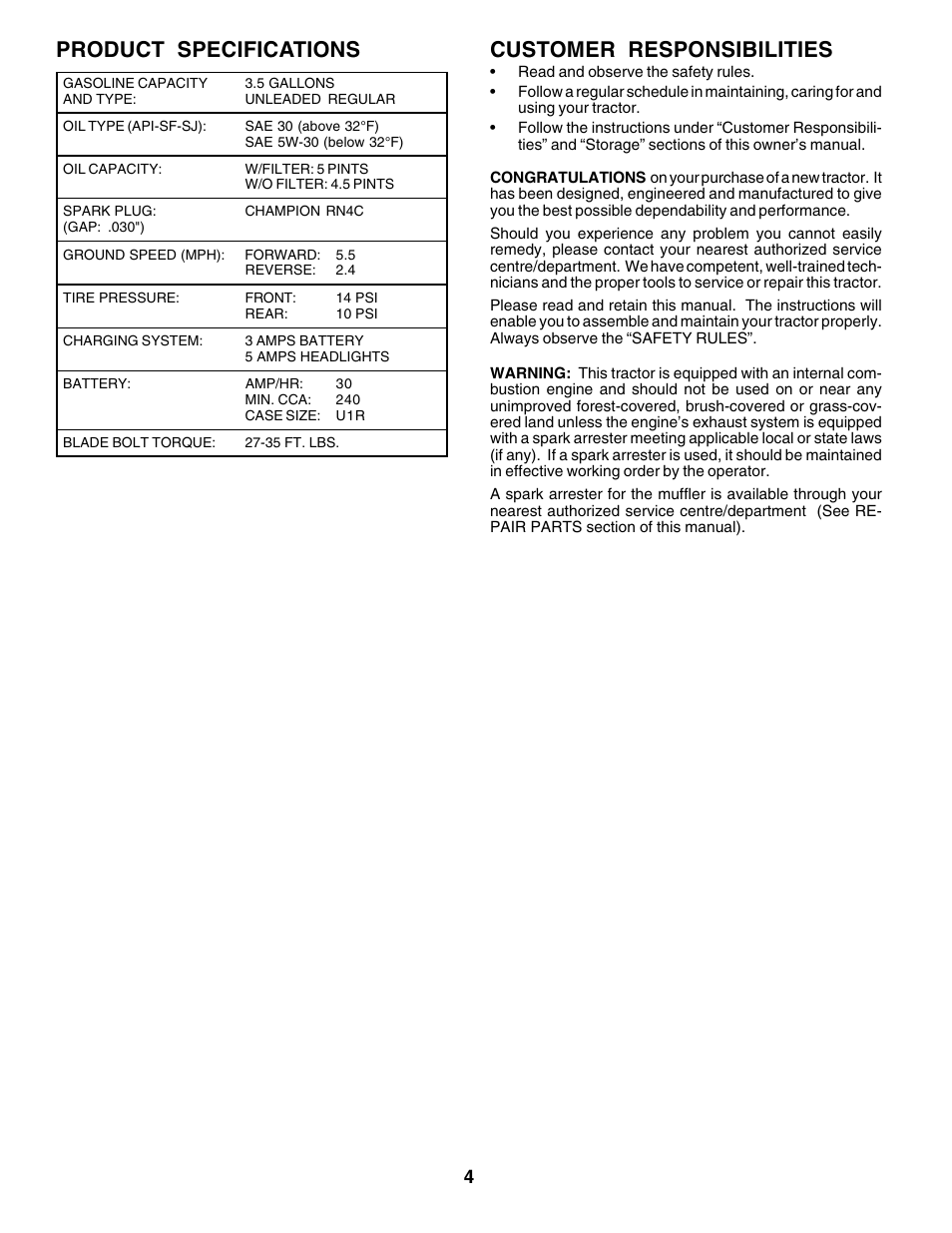 Product specifications, Customer responsibilities | Weed Eater SGT18H46A User Manual | Page 4 / 48