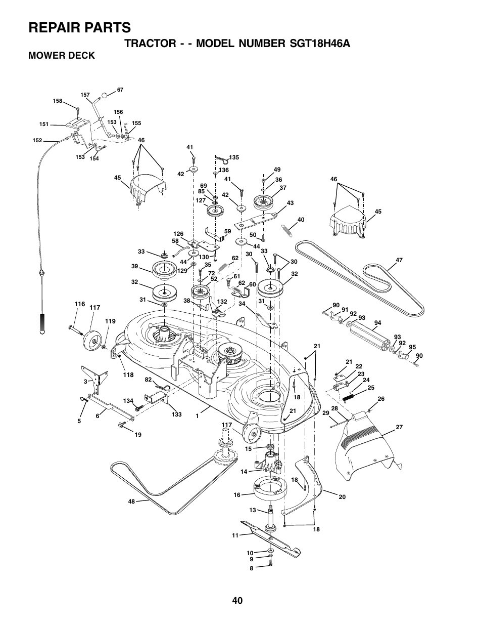 Repair parts, Tractor - - model number sgt18h46a, Mower deck | Weed Eater SGT18H46A User Manual | Page 40 / 48