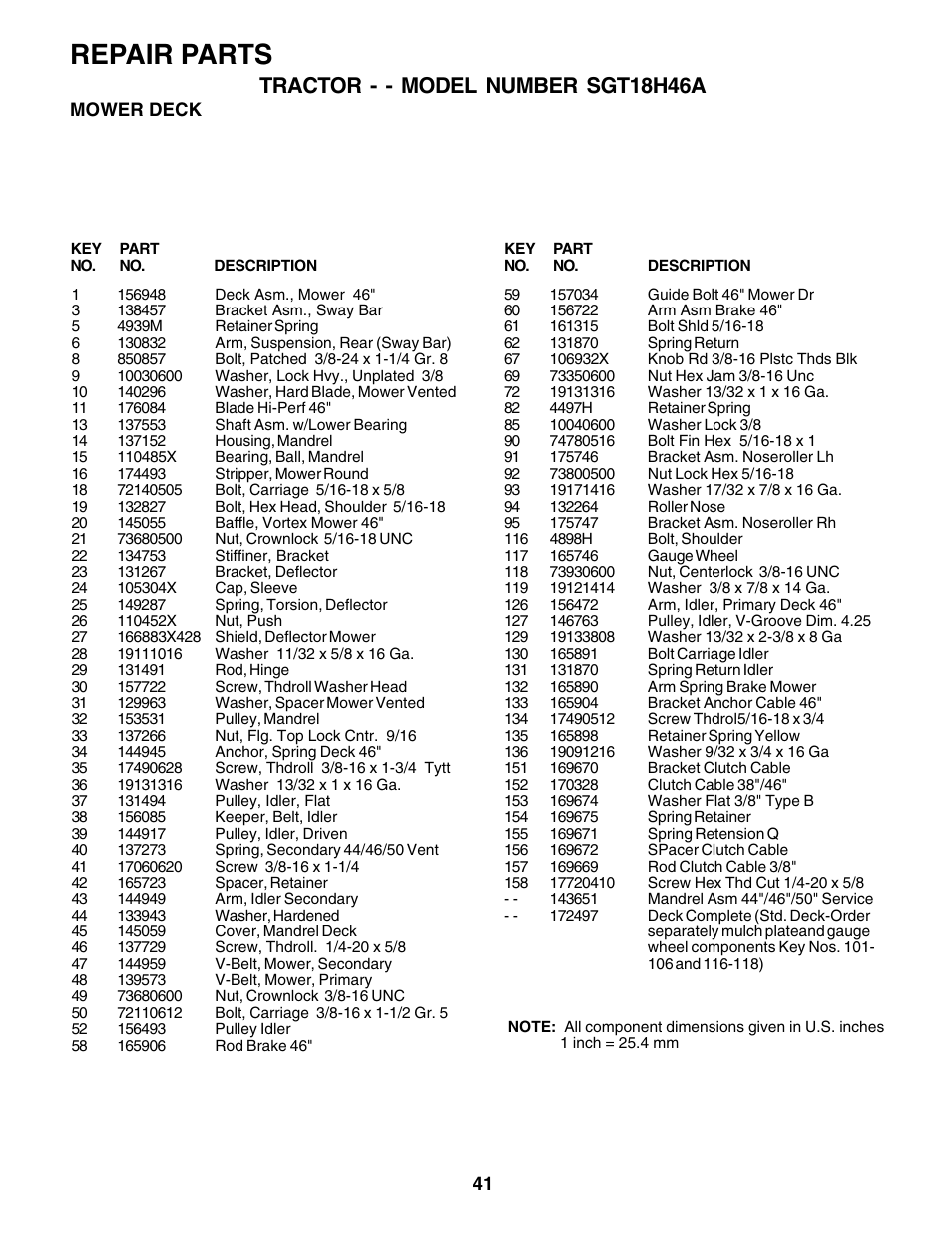 Repair parts, Tractor - - model number sgt18h46a | Weed Eater SGT18H46A User Manual | Page 41 / 48