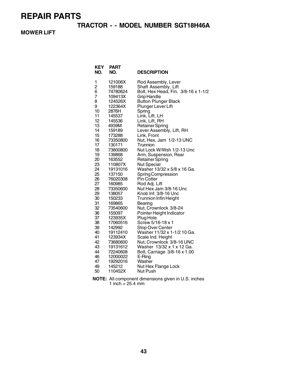 Repair parts, Tractor - - model number sgt18h46a | Weed Eater SGT18H46A User Manual | Page 43 / 48