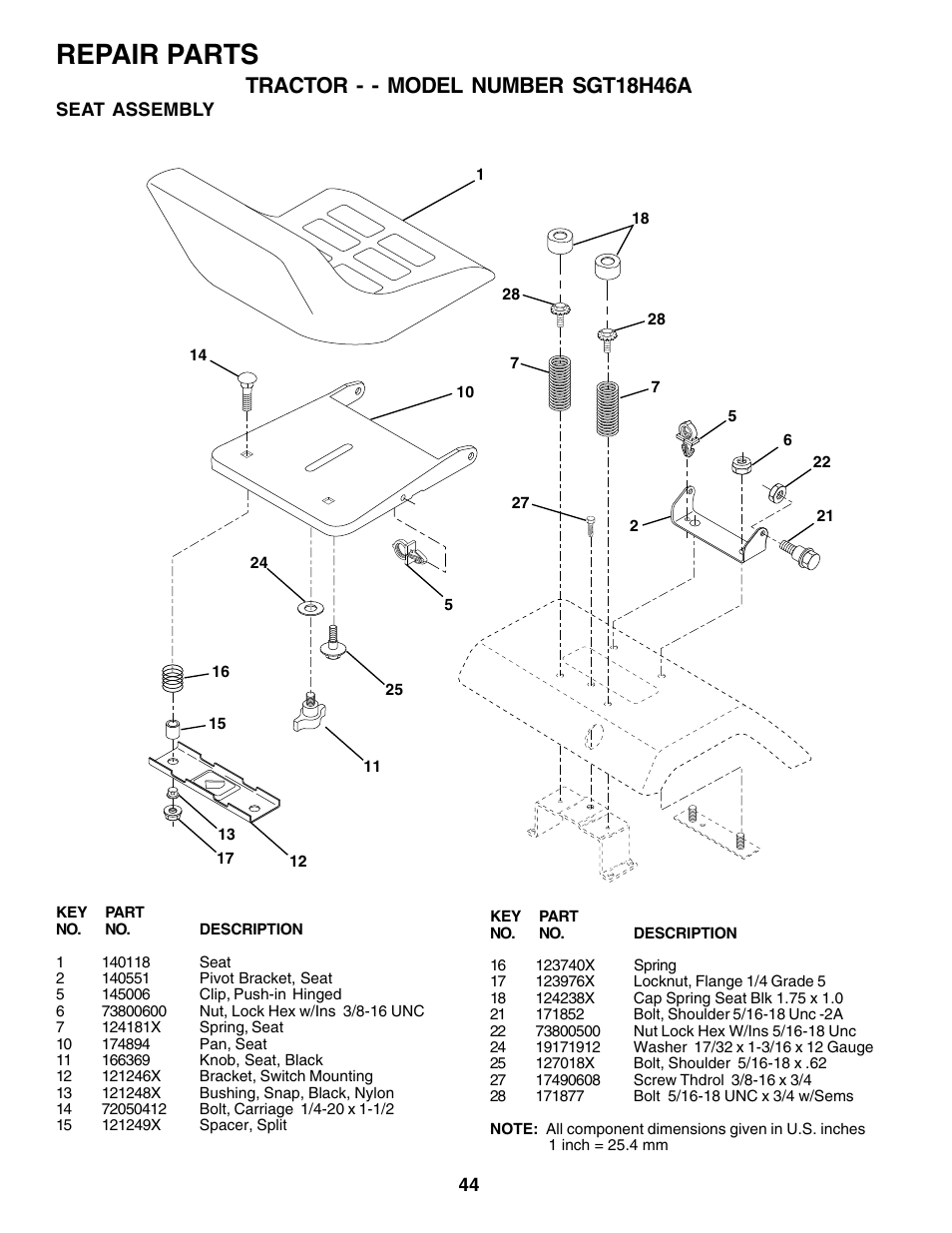 Repair parts, Tractor - - model number sgt18h46a | Weed Eater SGT18H46A User Manual | Page 44 / 48