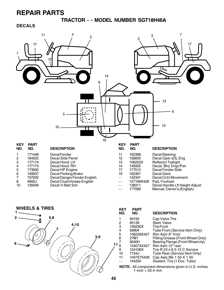 Repair parts, Tractor - - model number sgt18h46a | Weed Eater SGT18H46A User Manual | Page 45 / 48