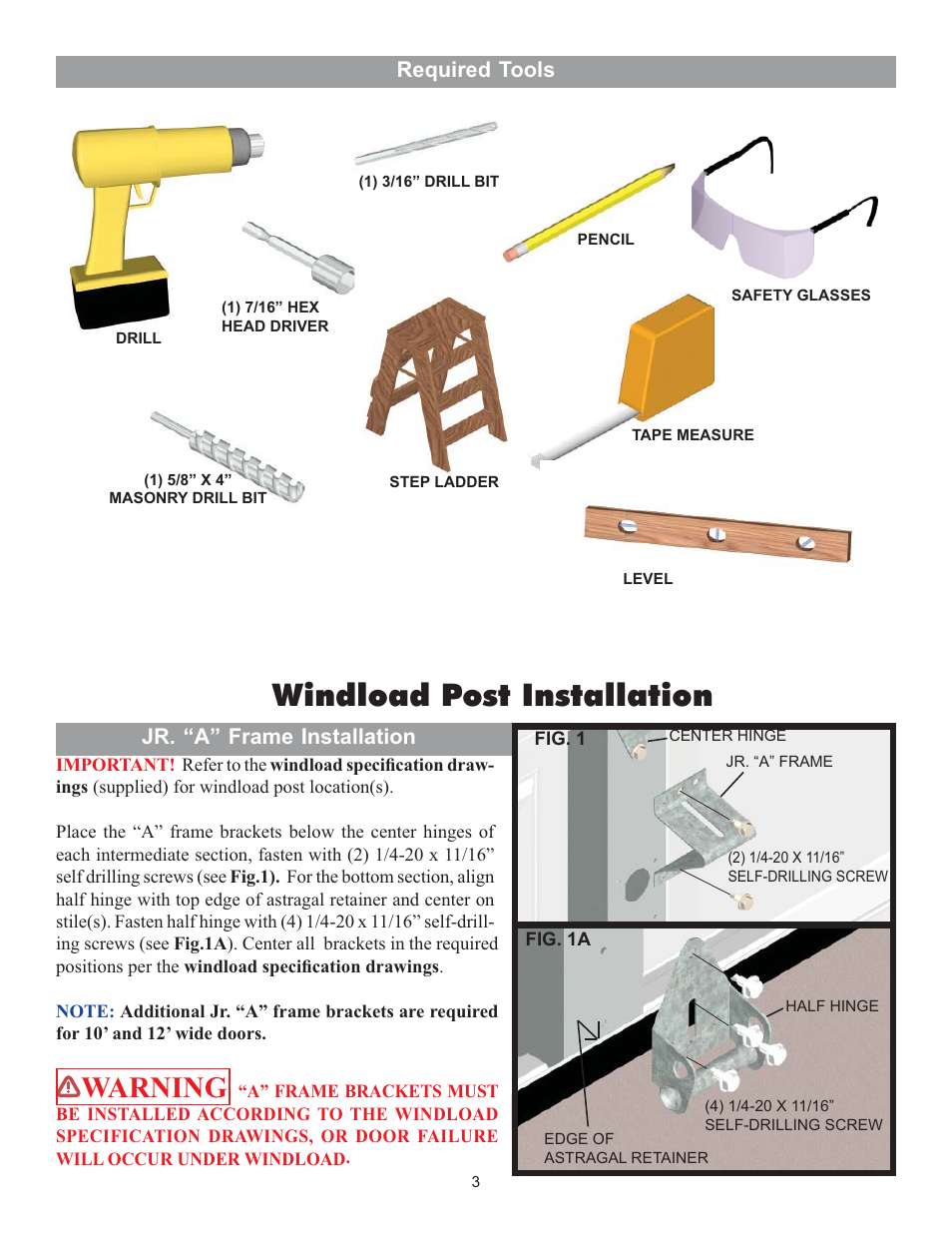 Windload post installation, Warning, Required tools | Jr. “a” frame installation | Wayne-Dalton WAYNEMARK 8100 User Manual | Page 3 / 8