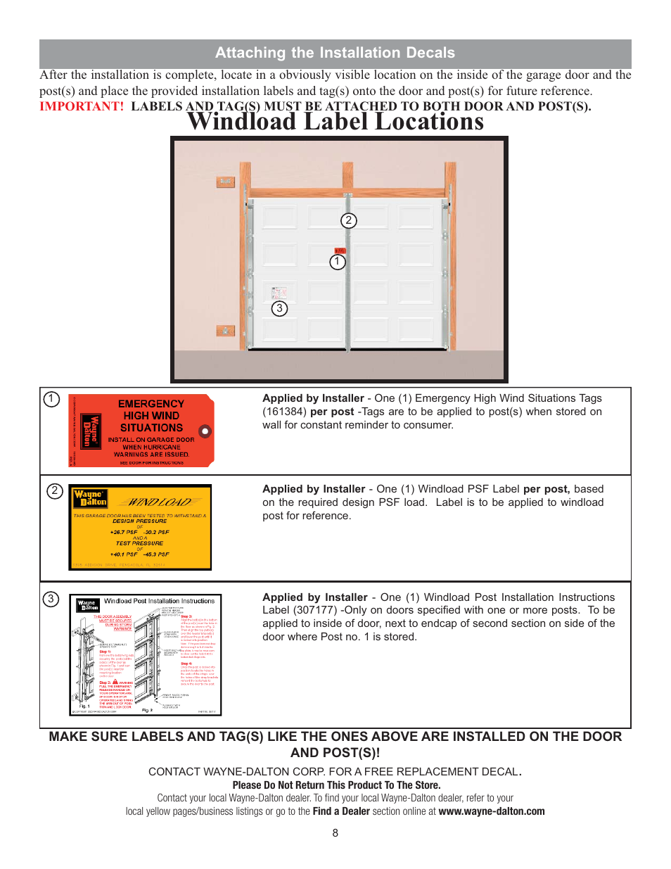 Windload label locations, Attaching the installation decals | Wayne-Dalton WAYNEMARK 8100 User Manual | Page 8 / 8