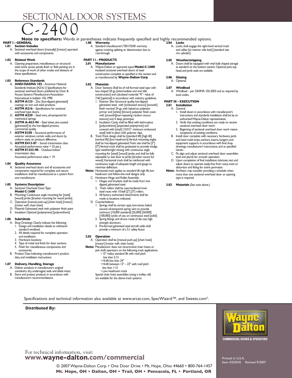 C -24 0 0, For technical information, visit | Wayne-Dalton SECTIONAL DOOR SYSTEM C-2400 User Manual | Page 4 / 4