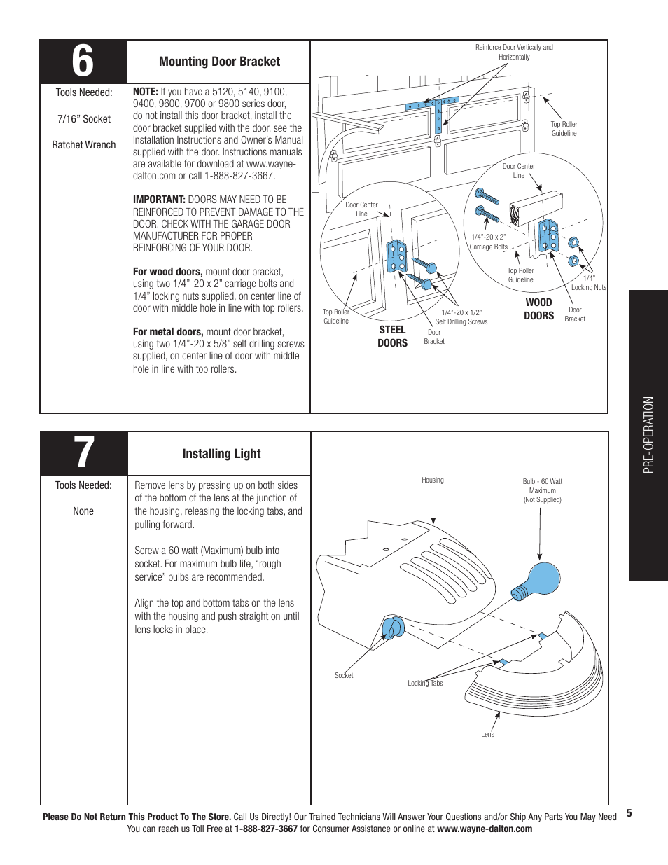 Mounting door bracket, Installing light, Pre-opera tion | Wayne-Dalton PRODRIVE 3222C-Z User Manual | Page 11 / 48