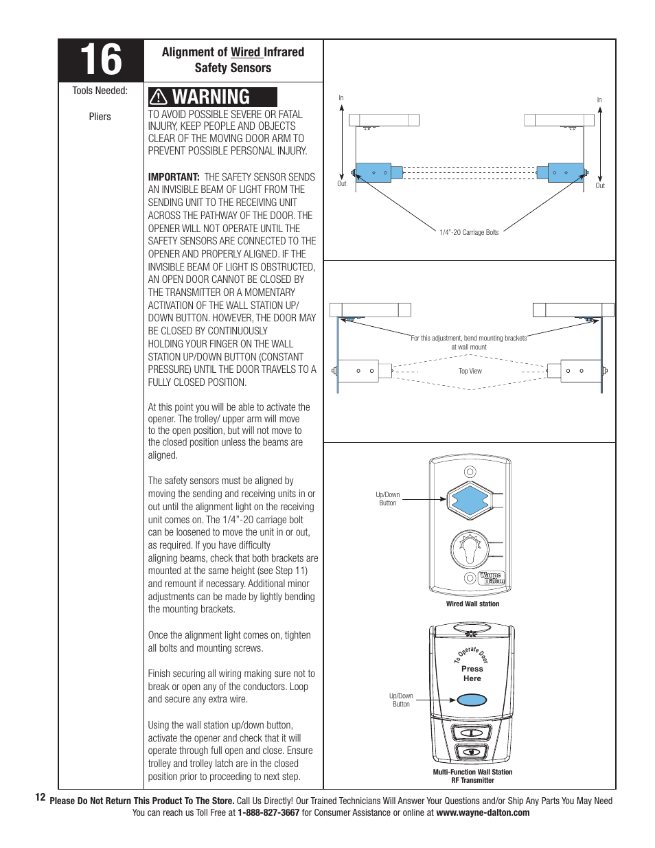 Warning, Alignment of wired infrared safety sensors | Wayne-Dalton PRODRIVE 3222C-Z User Manual | Page 18 / 48