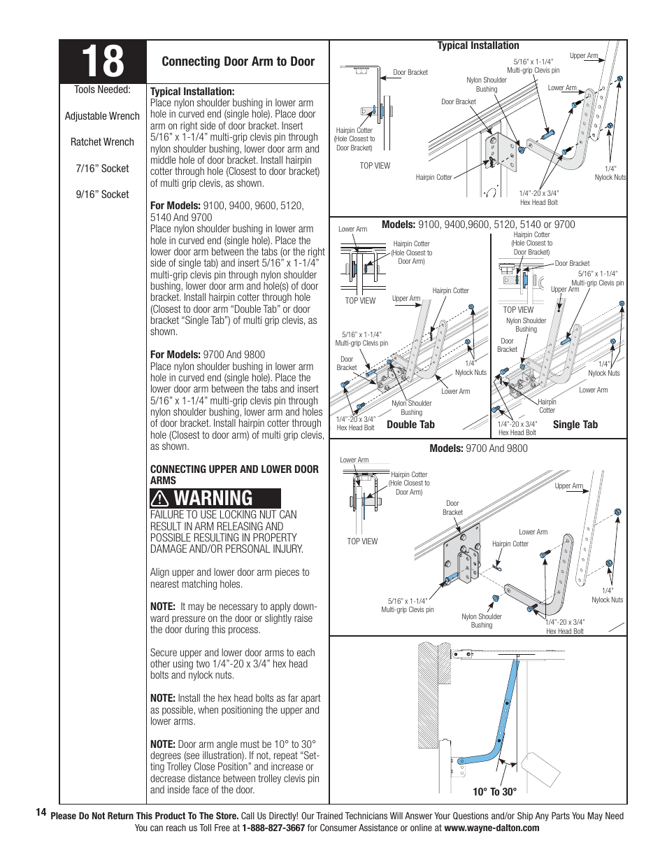 Warning, Connecting door arm to door | Wayne-Dalton PRODRIVE 3222C-Z User Manual | Page 20 / 48