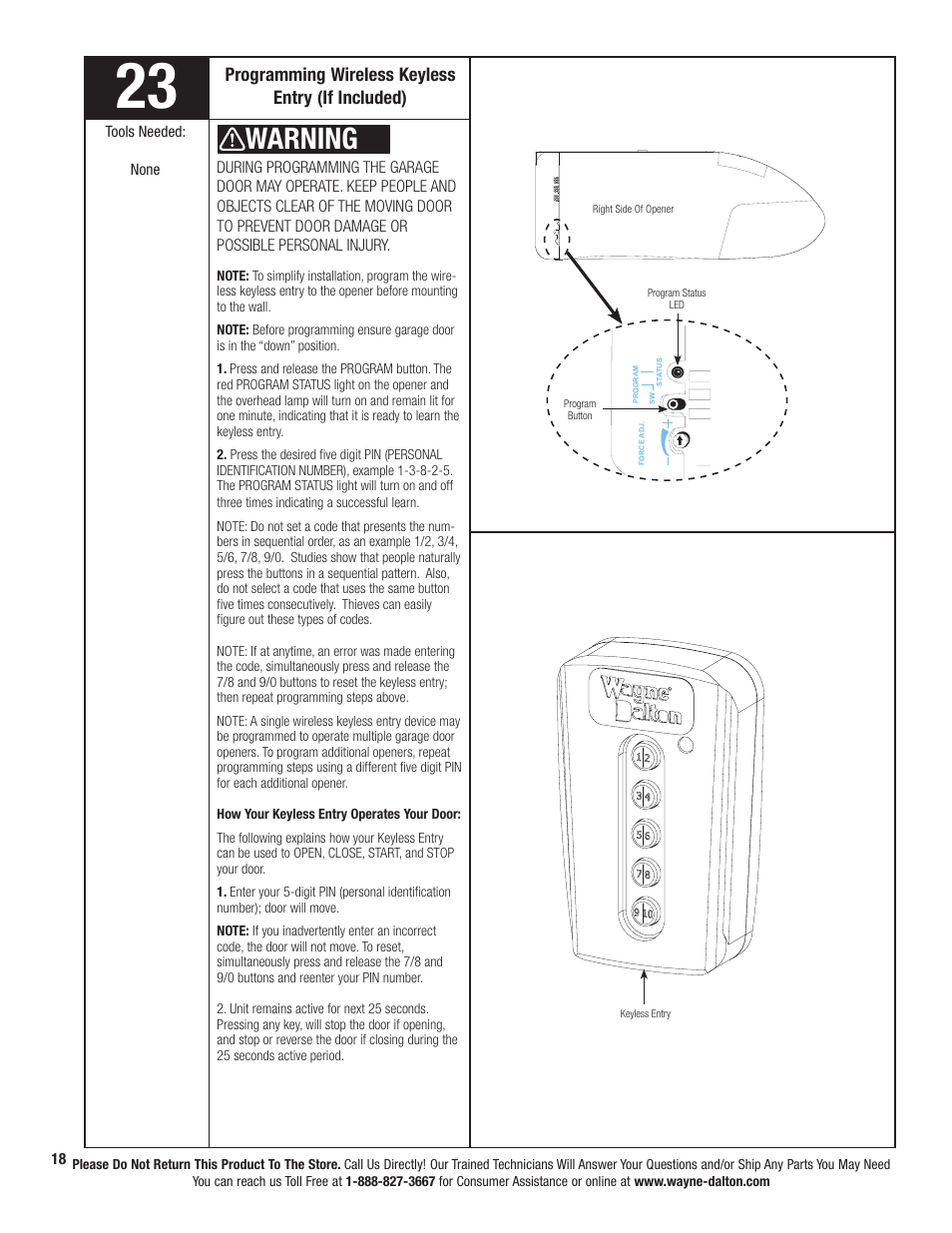 Warning, Programming wireless keyless entry (if included) | Wayne-Dalton PRODRIVE 3222C-Z User Manual | Page 24 / 48