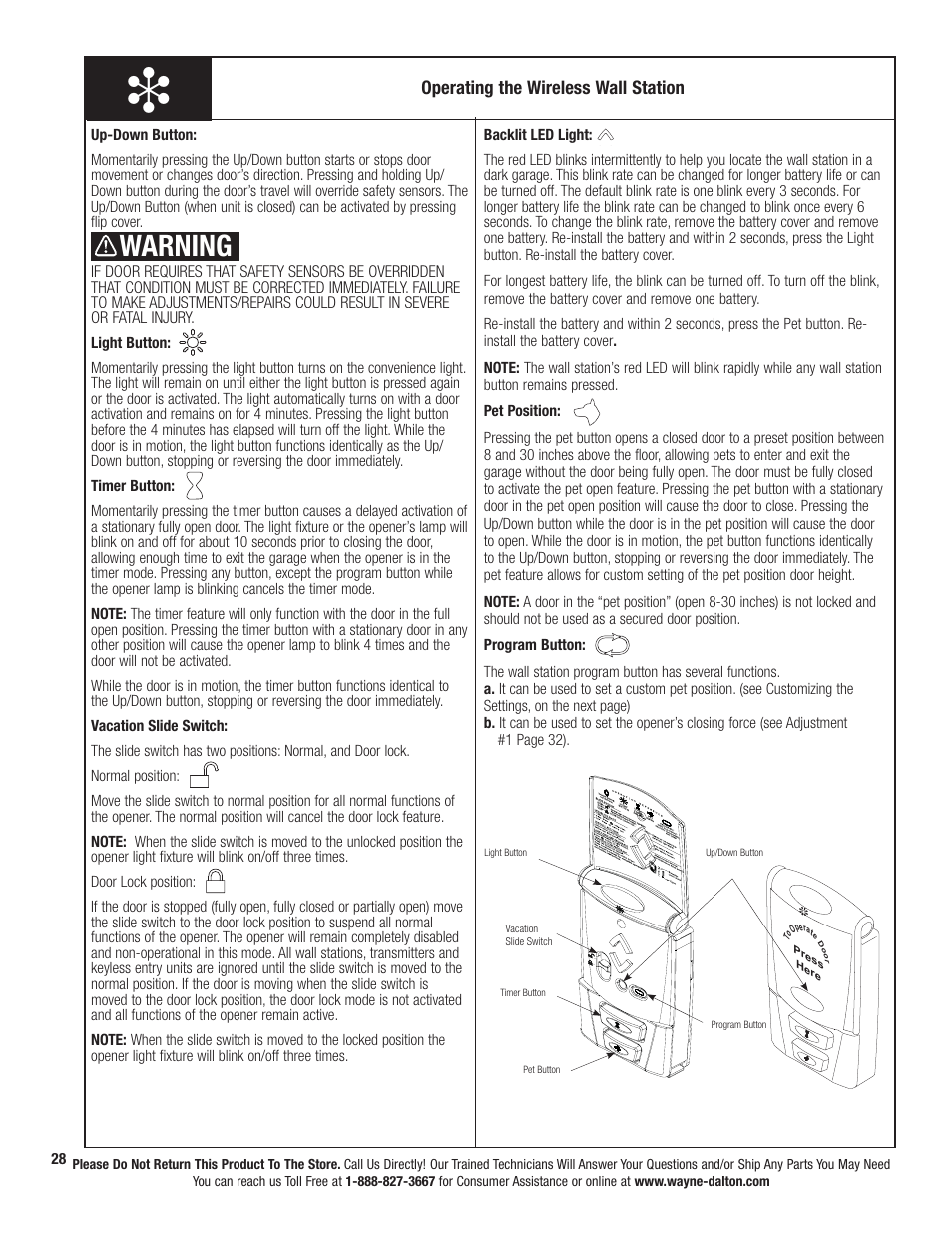 Warning, Operating the wireless wall station | Wayne-Dalton PRODRIVE 3222C-Z User Manual | Page 34 / 48