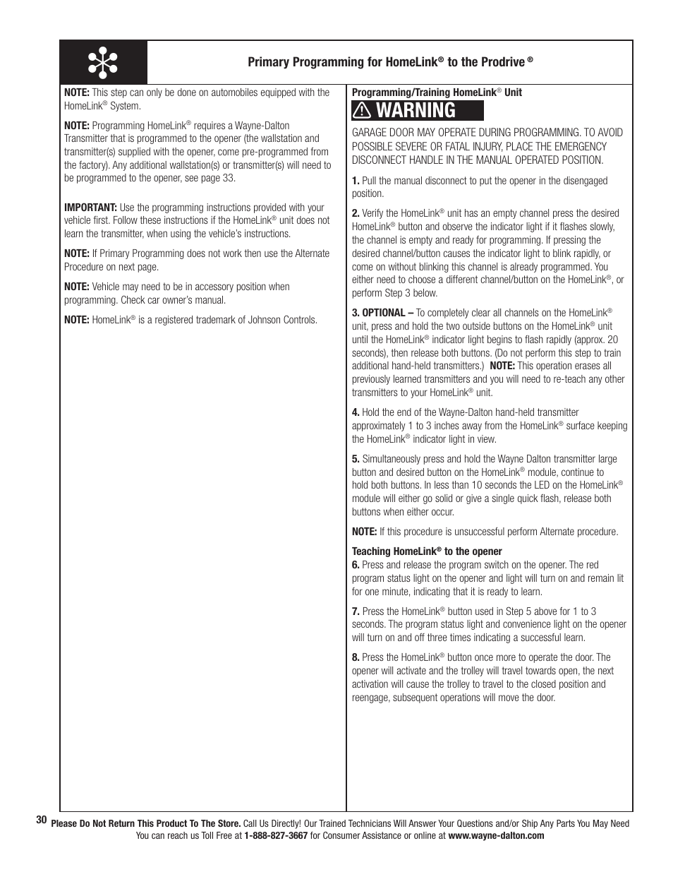 Warning, Primary programming for homelink | Wayne-Dalton PRODRIVE 3222C-Z User Manual | Page 36 / 48
