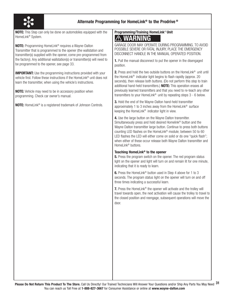 Warning, Alternate programming for homelink | Wayne-Dalton PRODRIVE 3222C-Z User Manual | Page 37 / 48