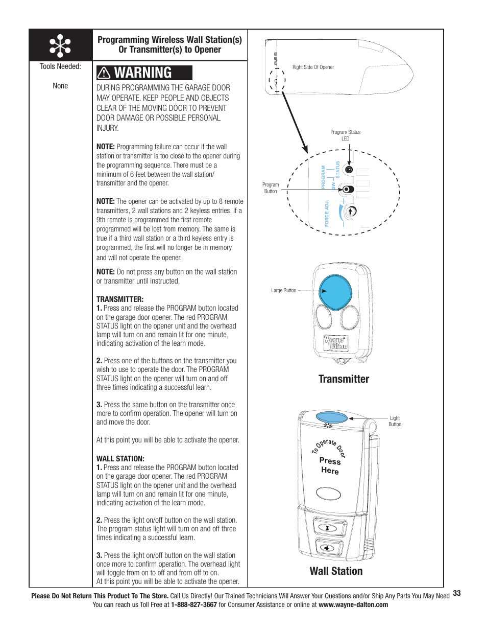 Warning, Wall station, Transmitter | Wayne-Dalton PRODRIVE 3222C-Z User Manual | Page 39 / 48