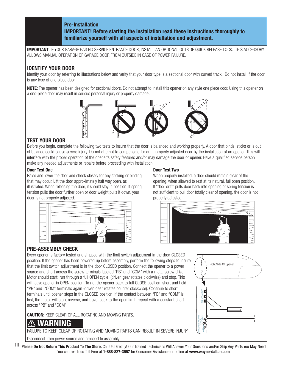 Warning, Identify your door, Test your door | Pre-assembly check | Wayne-Dalton PRODRIVE 3222C-Z User Manual | Page 4 / 48