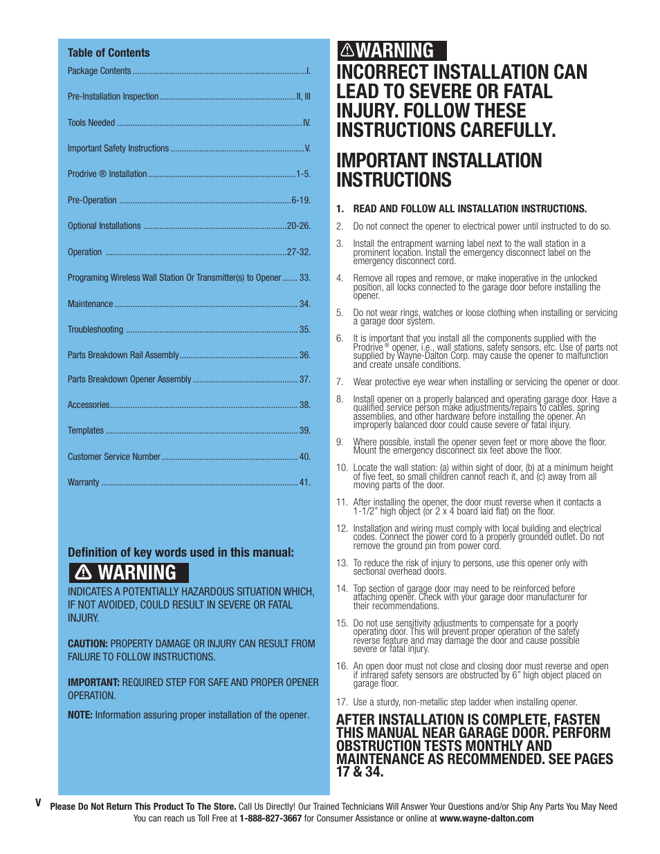 Warning | Wayne-Dalton PRODRIVE 3222C-Z User Manual | Page 6 / 48