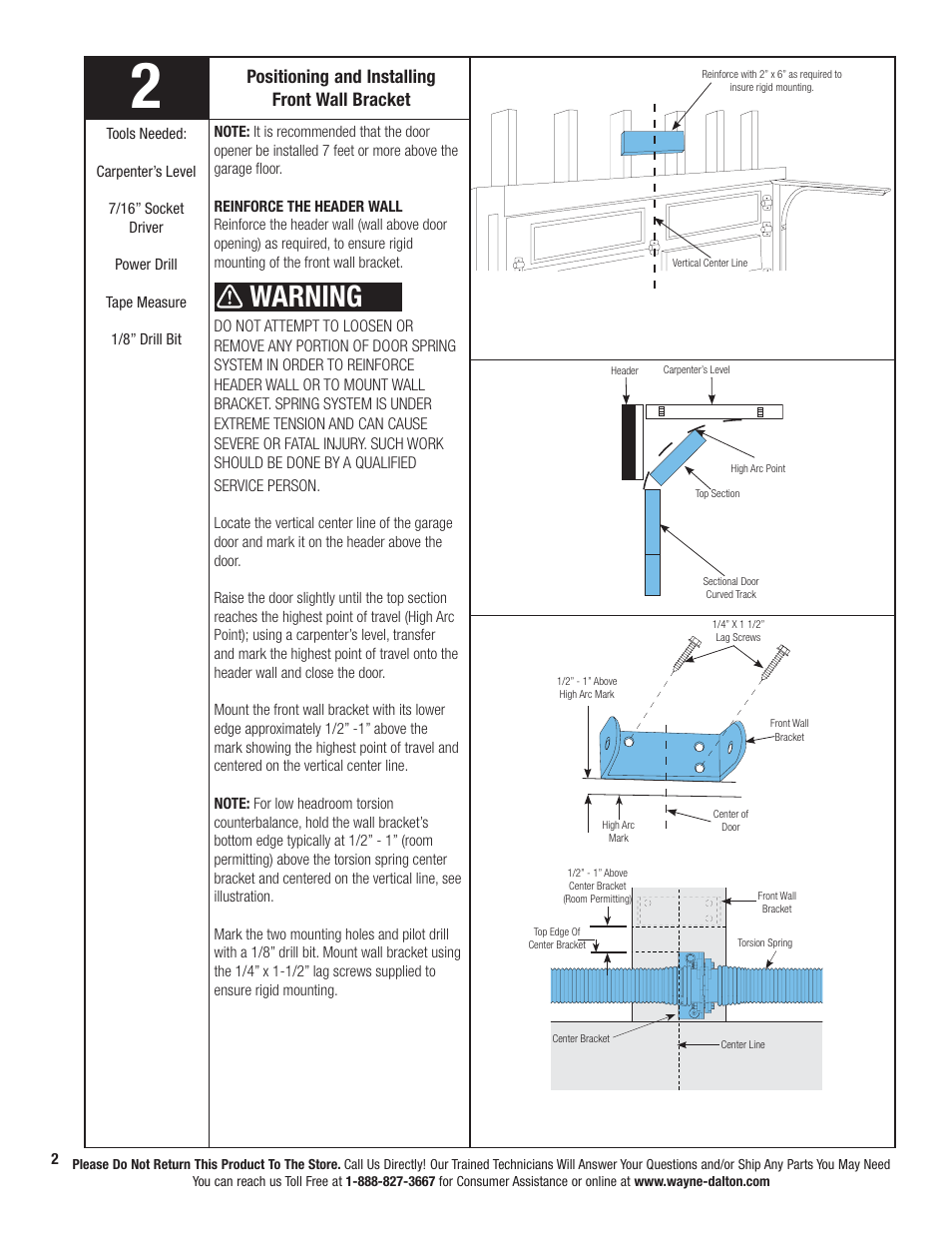 Warning, Positioning and installing front wall bracket | Wayne-Dalton PRODRIVE 3222C-Z User Manual | Page 8 / 48