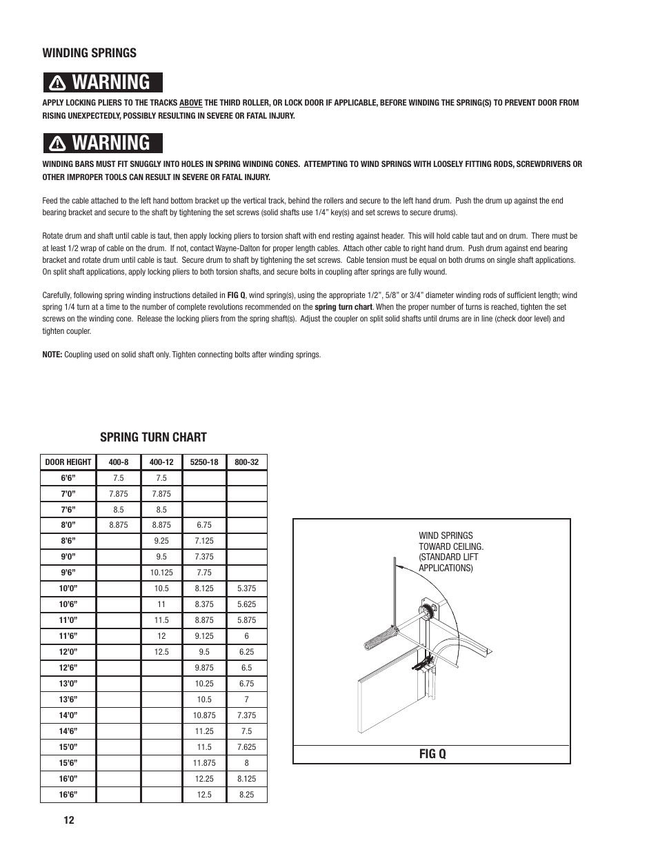 Warning, Fig q spring turn chart, Winding springs | Wayne-Dalton 451 User Manual | Page 12 / 20