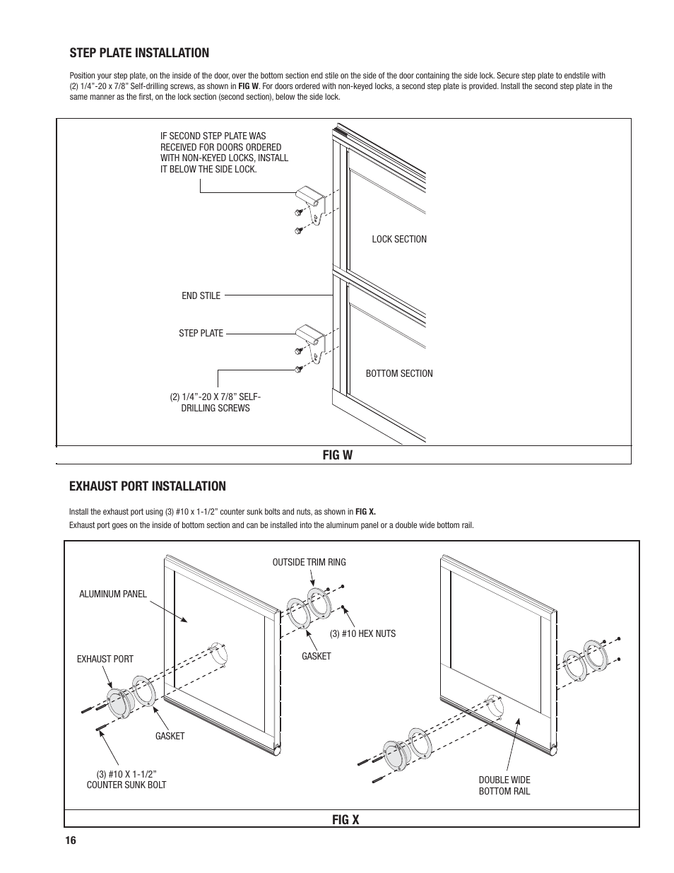 Fig x step plate installation, Exhaust port installation, Fig w | Wayne-Dalton 451 User Manual | Page 16 / 20