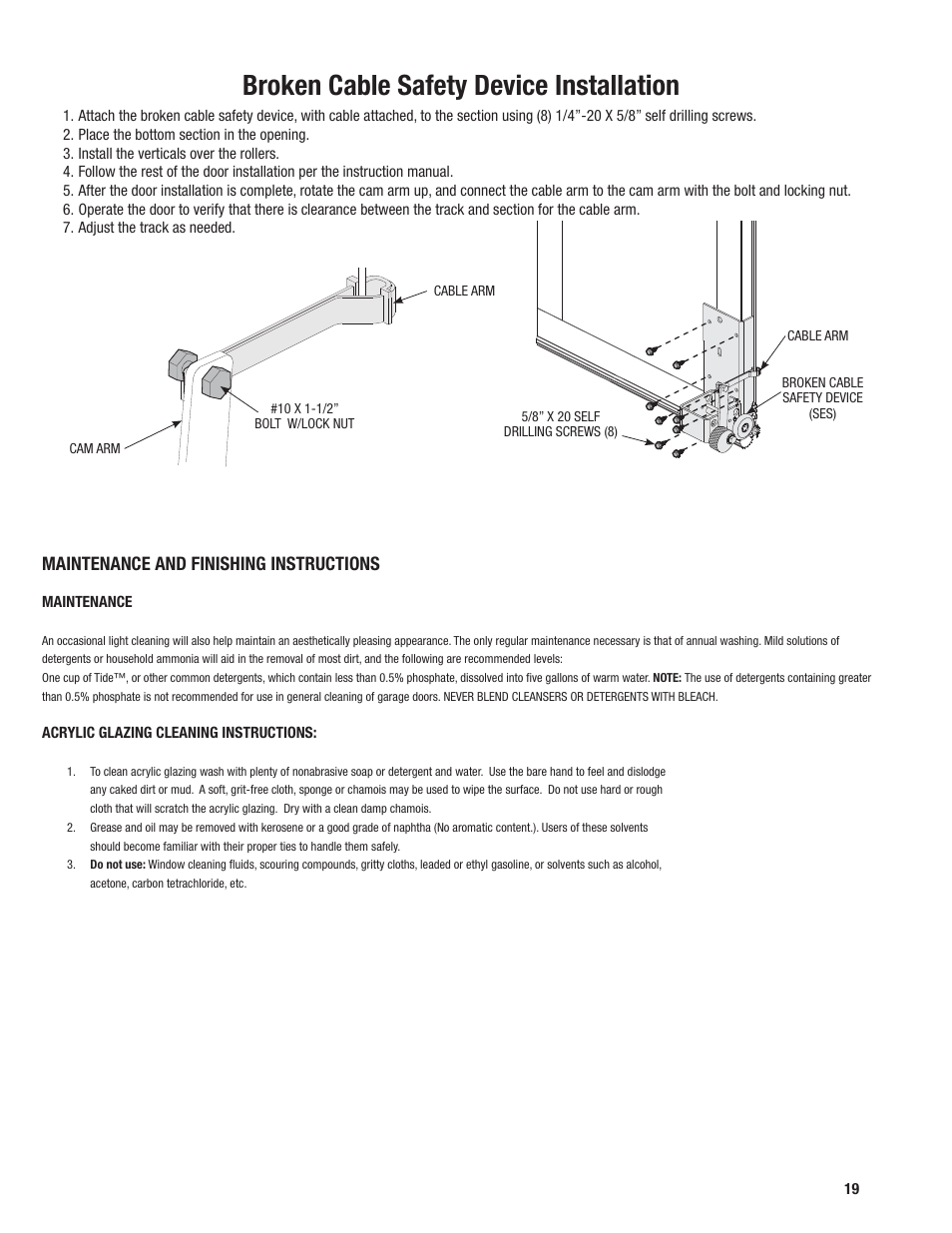 Broken cable safety device installation, Maintenance and finishing instructions | Wayne-Dalton 451 User Manual | Page 19 / 20