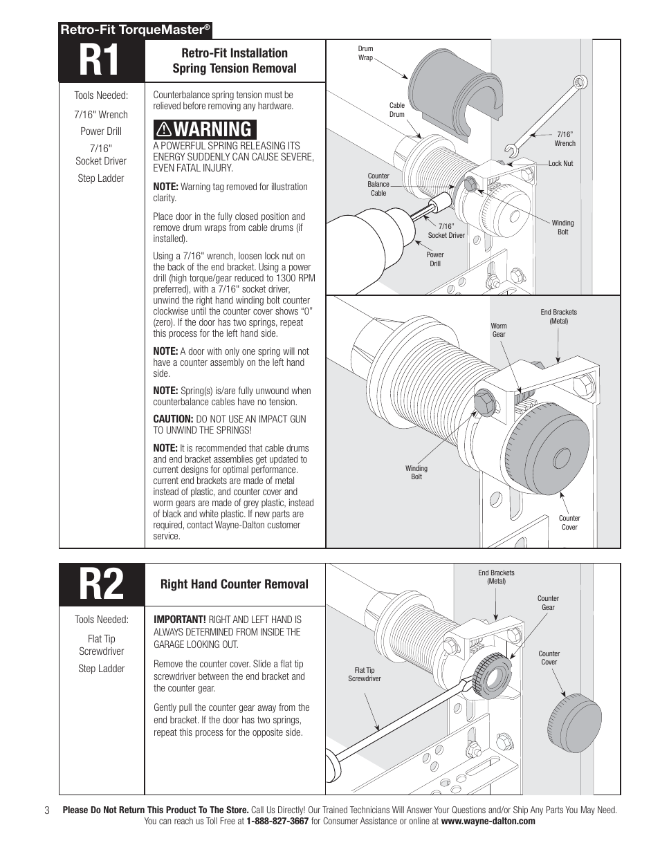 Warning, Retro-fit installation spring tension removal, Right hand counter removal | Retro-fit torquemaster | Wayne-Dalton TORQUEMASTER 3663-372 User Manual | Page 10 / 52