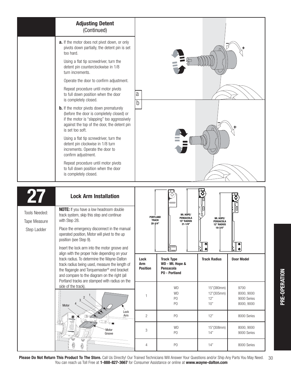 Adjusting detent (continued), Lock arm installation, Pre-opera tion | Wayne-Dalton TORQUEMASTER 3663-372 User Manual | Page 37 / 52