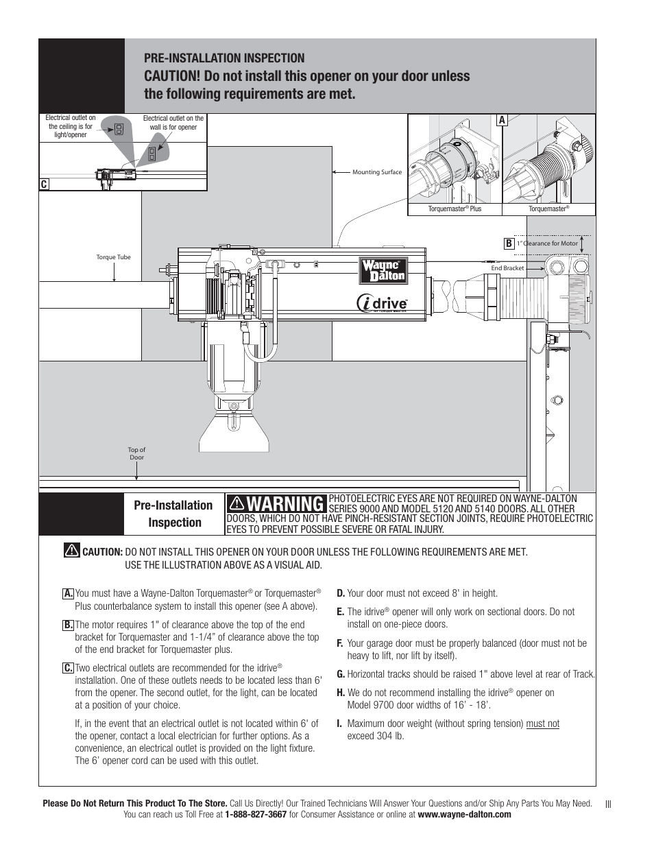 Warning, Pre-installation inspection | Wayne-Dalton TORQUEMASTER 3663-372 User Manual | Page 5 / 52