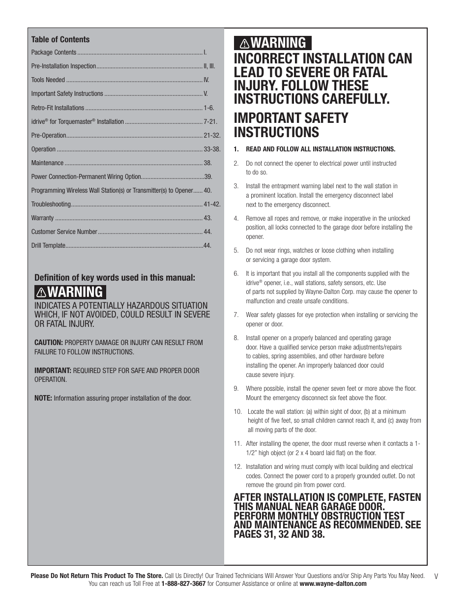 Warning | Wayne-Dalton TORQUEMASTER 3663-372 User Manual | Page 7 / 52