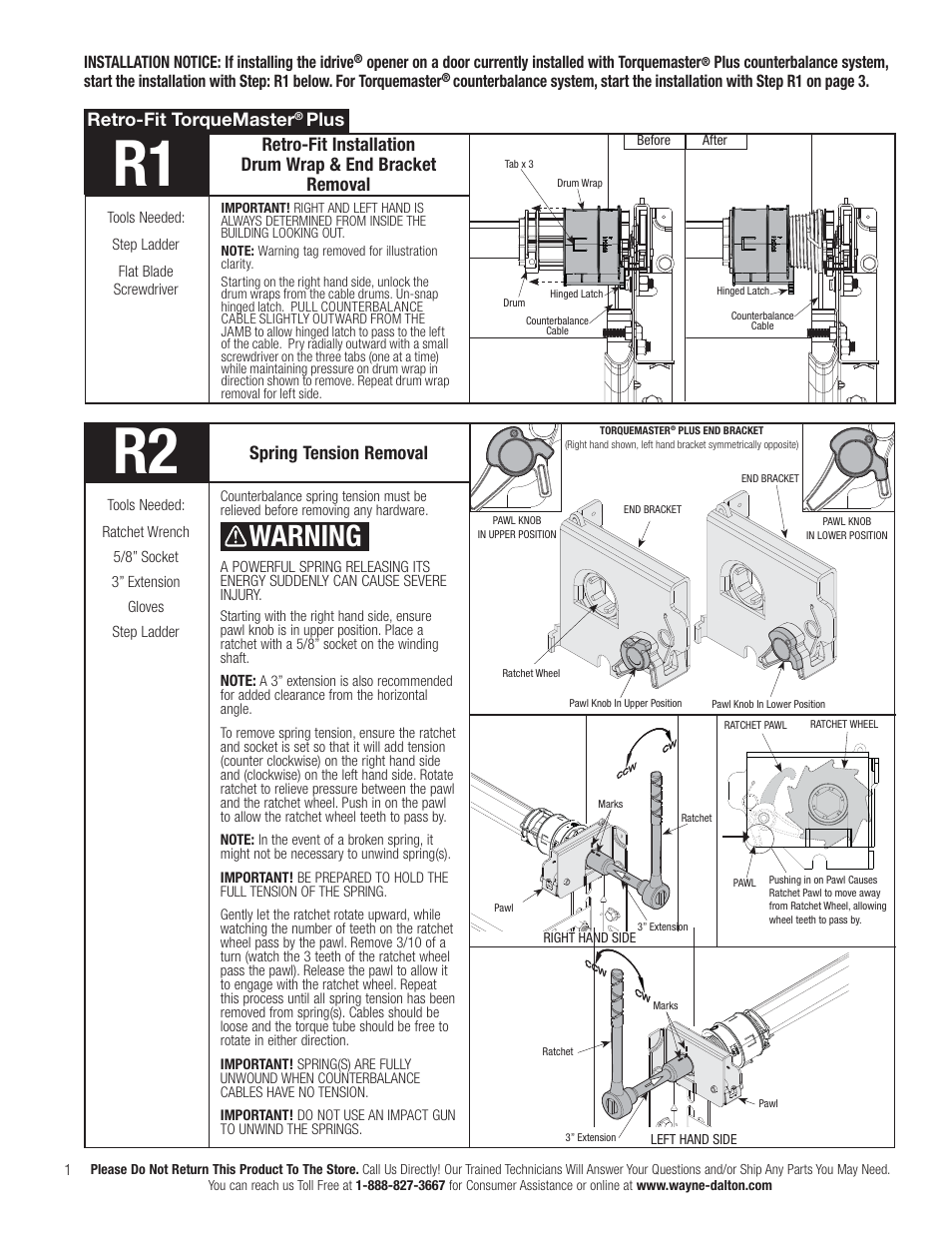 Warning, Spring tension removal, Retro-fit torquemaster | Plus | Wayne-Dalton TORQUEMASTER 3663-372 User Manual | Page 8 / 52
