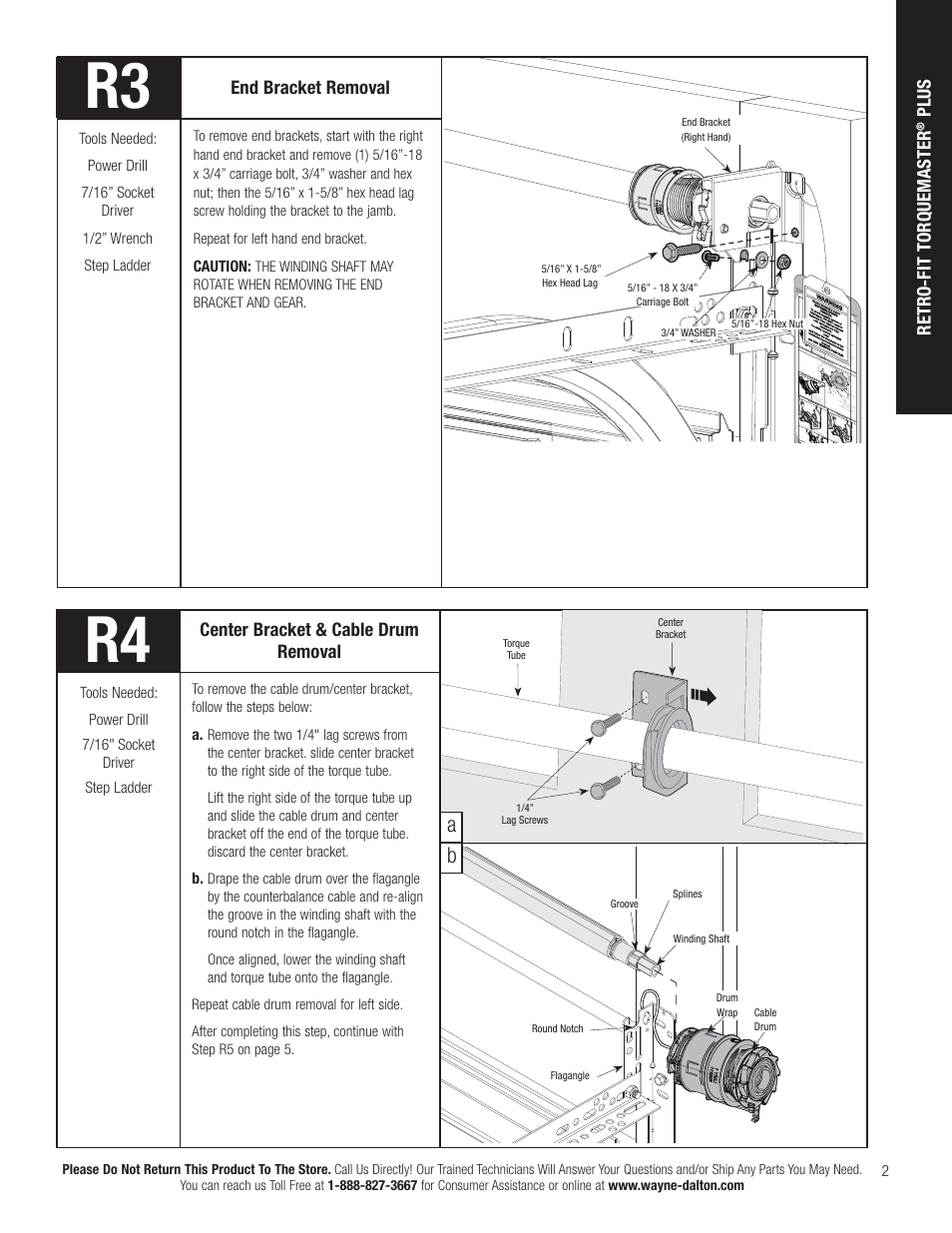 End bracket removal, Center bracket & cable drum removal, Retro-fit torquemaster | Plus, Caution | Wayne-Dalton TORQUEMASTER 3663-372 User Manual | Page 9 / 52