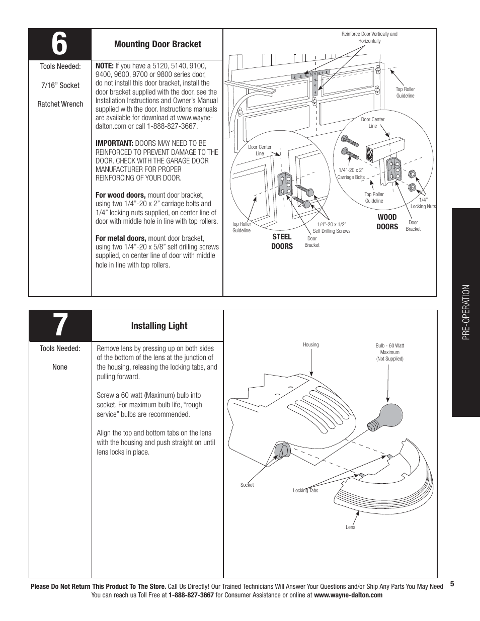 Mounting door bracket, Installing light, Pre-opera tion | Wayne-Dalton PRODRIVE 3221C-Z User Manual | Page 11 / 96