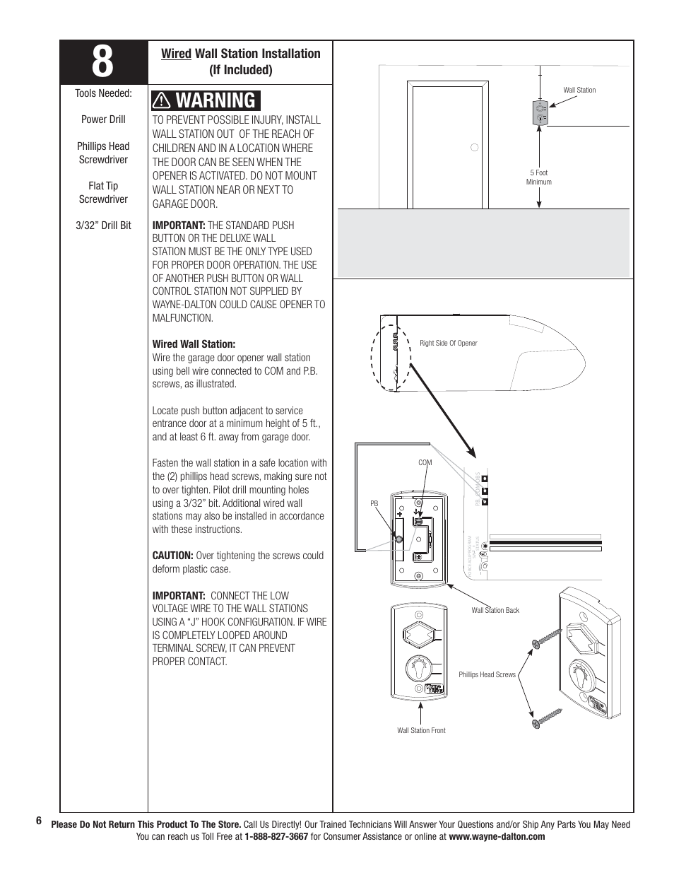 Warning, Wired wall station installation (if included) | Wayne-Dalton PRODRIVE 3221C-Z User Manual | Page 12 / 96