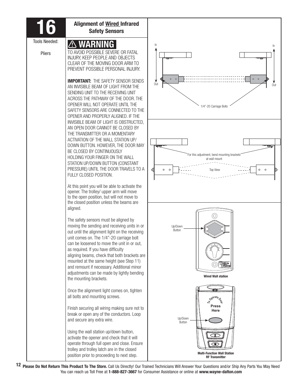 Warning, Alignment of wired infrared safety sensors | Wayne-Dalton PRODRIVE 3221C-Z User Manual | Page 18 / 96