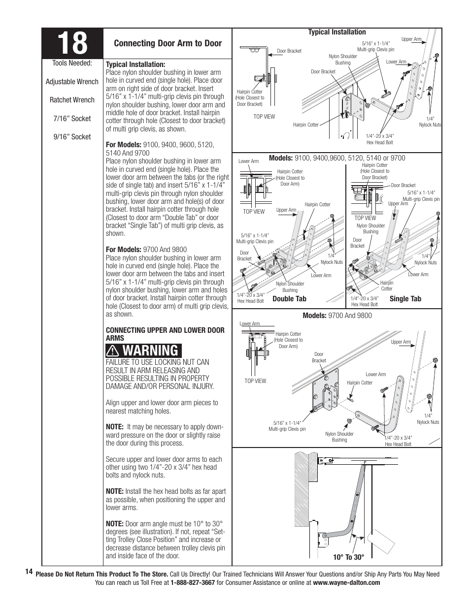 Warning, Connecting door arm to door | Wayne-Dalton PRODRIVE 3221C-Z User Manual | Page 20 / 96