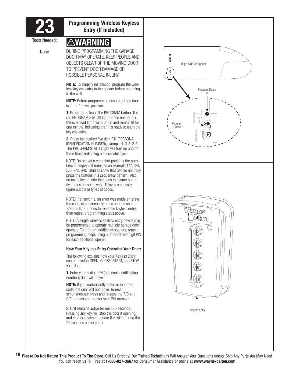 Warning, Programming wireless keyless entry (if included) | Wayne-Dalton PRODRIVE 3221C-Z User Manual | Page 24 / 96