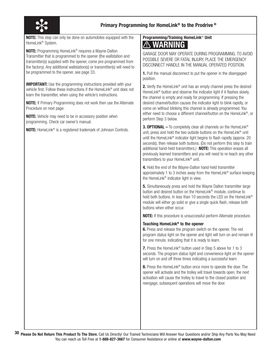Warning, Primary programming for homelink | Wayne-Dalton PRODRIVE 3221C-Z User Manual | Page 36 / 96