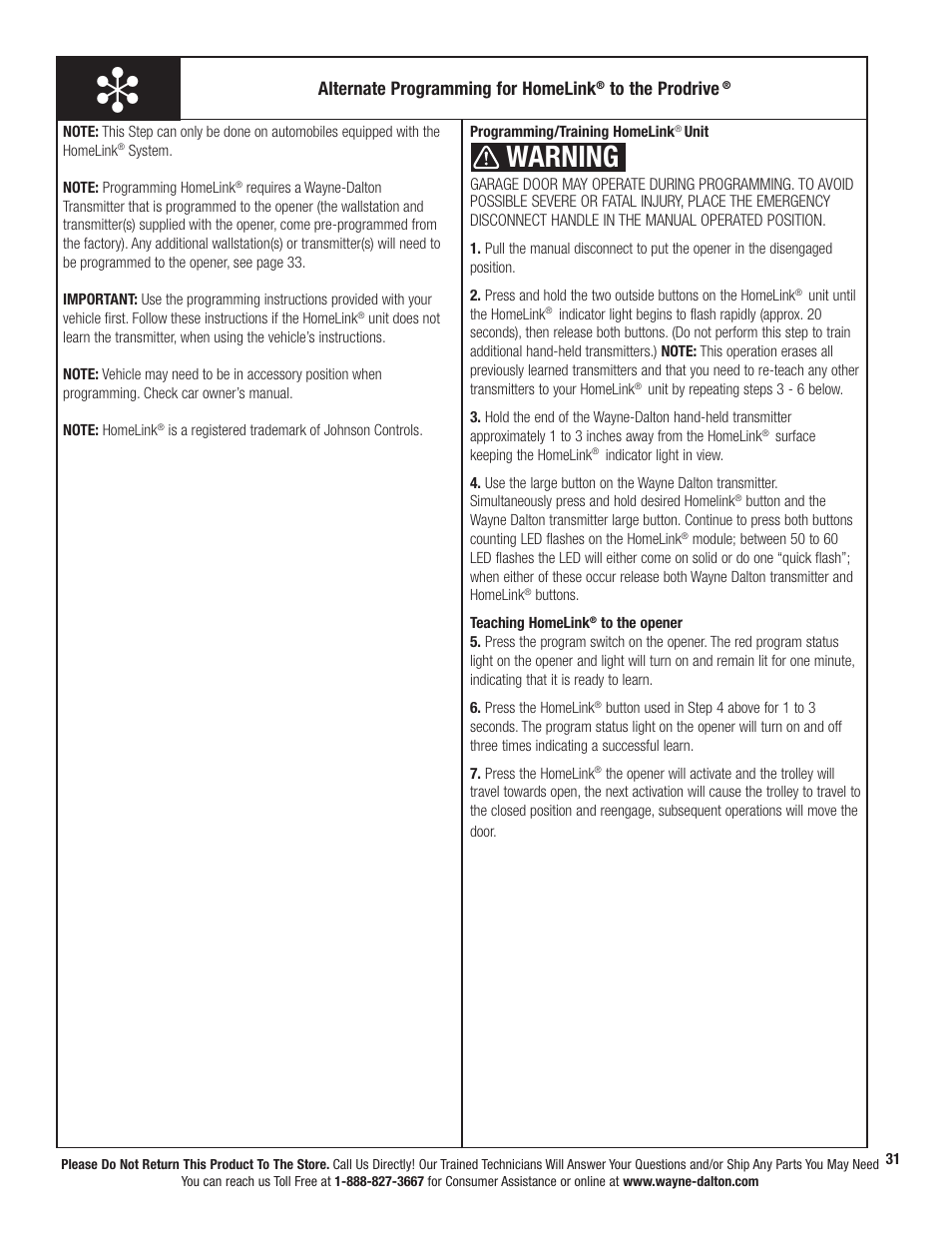 Warning, Alternate programming for homelink | Wayne-Dalton PRODRIVE 3221C-Z User Manual | Page 37 / 96