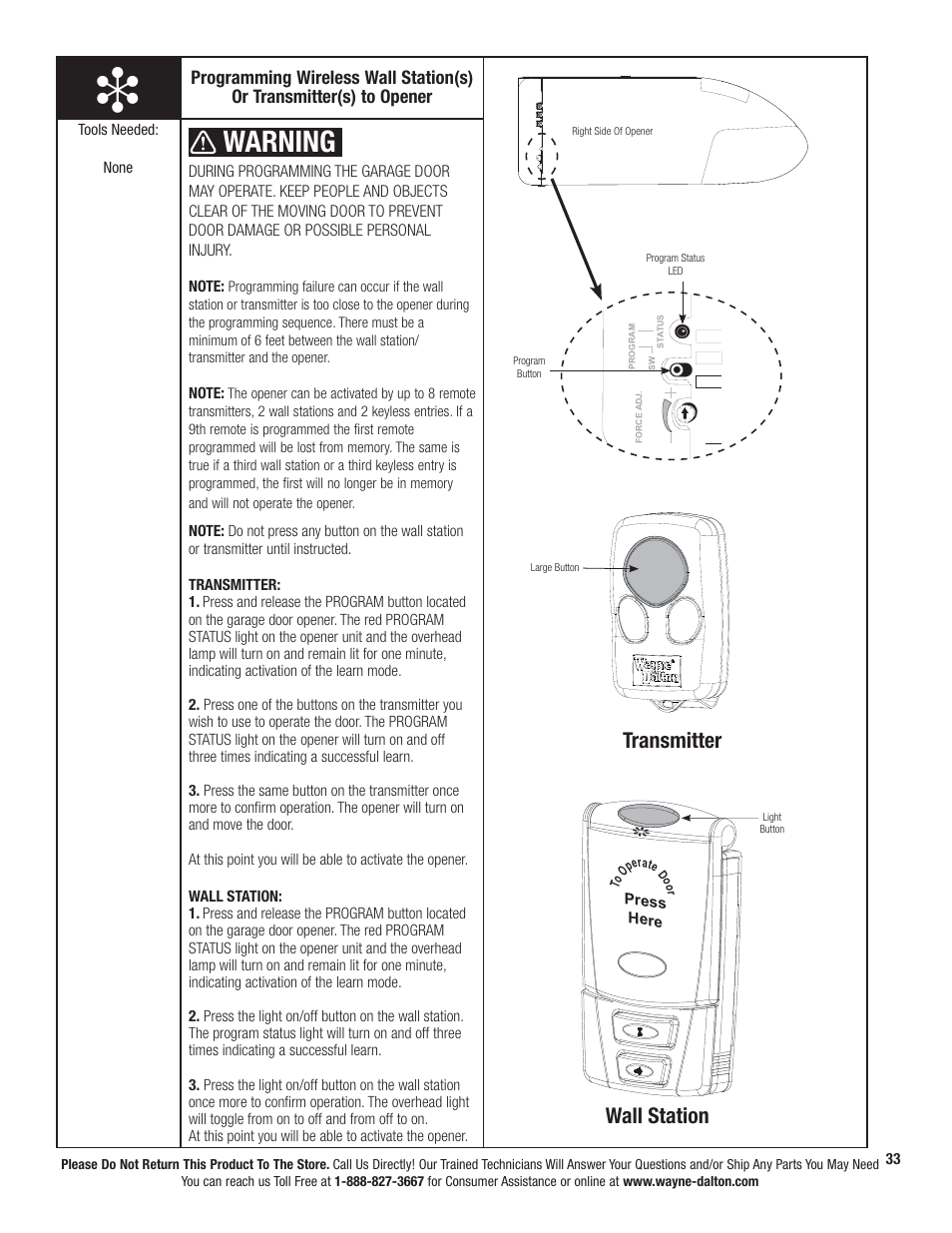 Warning, Wall station, Transmitter | Wayne-Dalton PRODRIVE 3221C-Z User Manual | Page 39 / 96