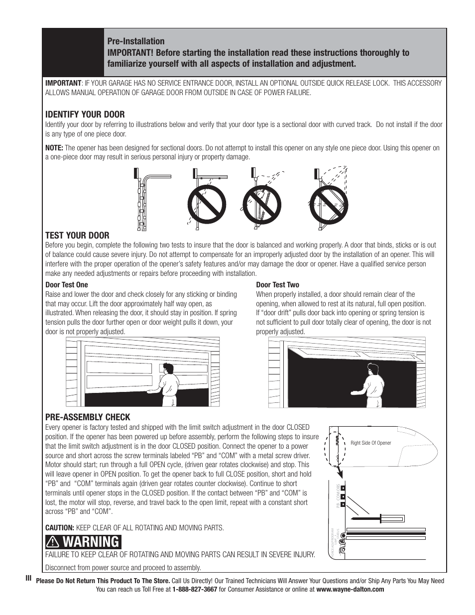 Warning, Identify your door, Test your door | Pre-assembly check | Wayne-Dalton PRODRIVE 3221C-Z User Manual | Page 4 / 96