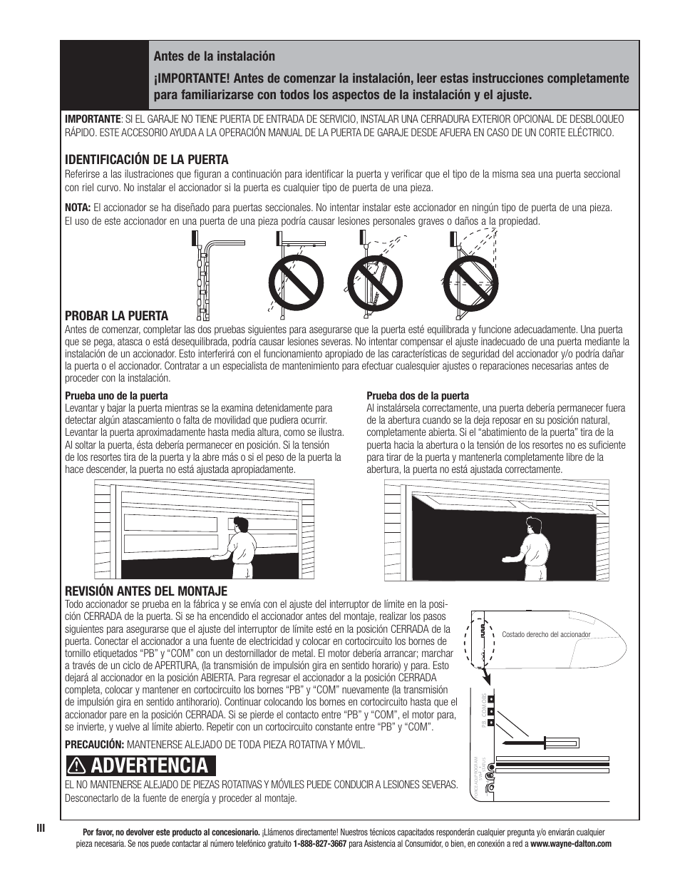 Advertencia, Identificación de la puerta, Probar la puerta | Revisión antes del montaje | Wayne-Dalton PRODRIVE 3221C-Z User Manual | Page 52 / 96