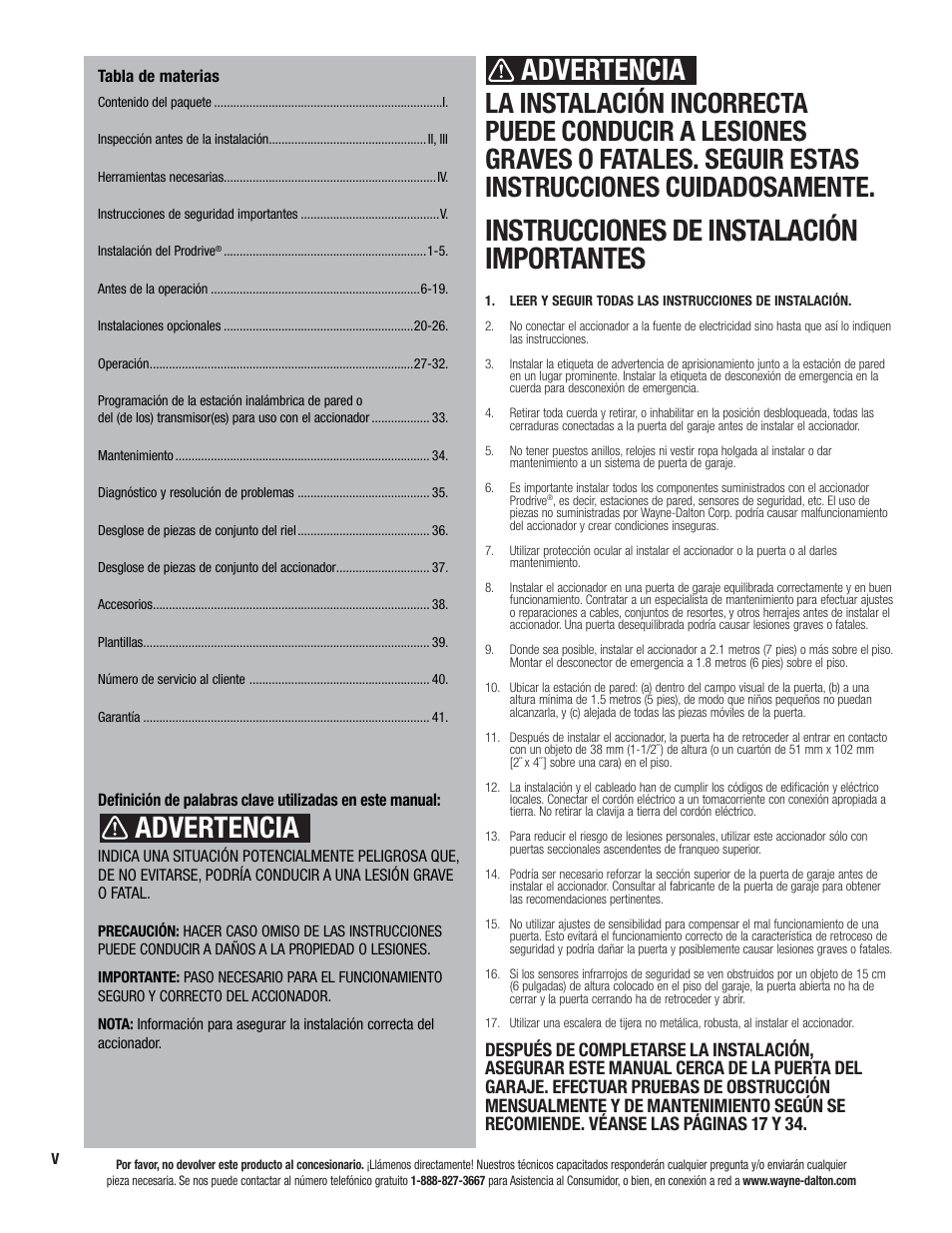 Instrucciones de instalación importantes, Advertencia | Wayne-Dalton PRODRIVE 3221C-Z User Manual | Page 54 / 96