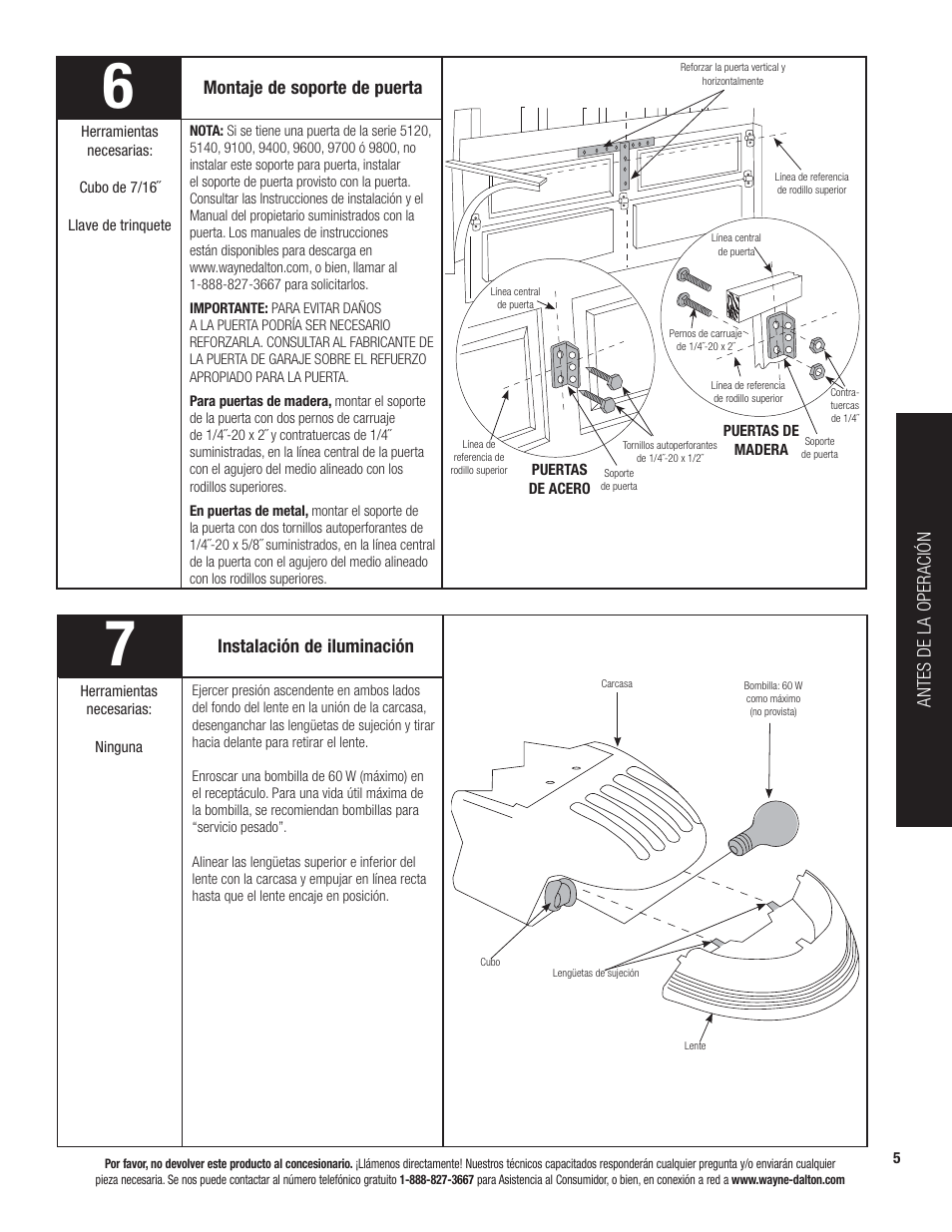 Montaje de soporte de puerta, Instalación de iluminación, Antes de la operación | Wayne-Dalton PRODRIVE 3221C-Z User Manual | Page 59 / 96