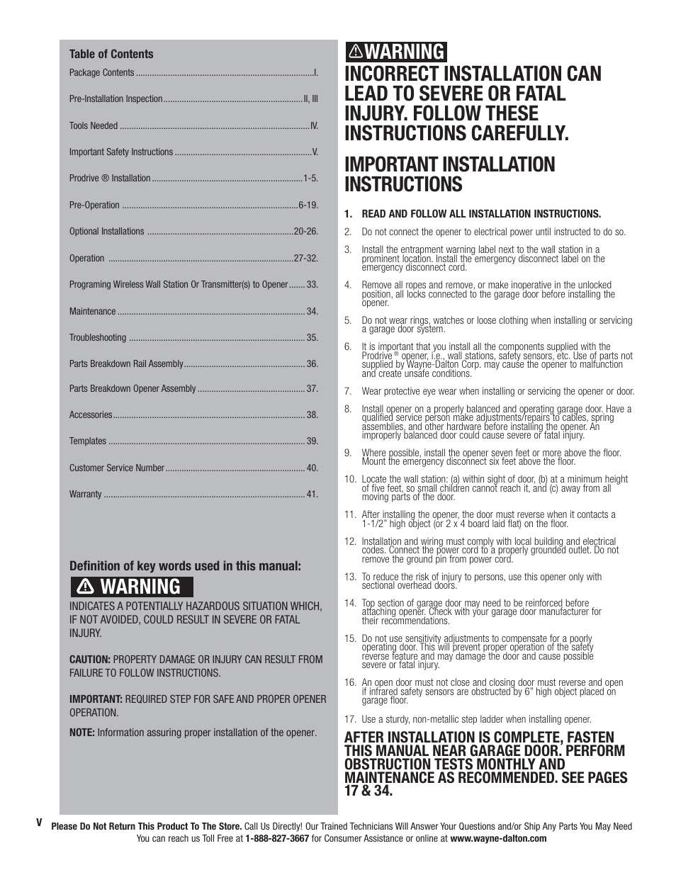 Warning | Wayne-Dalton PRODRIVE 3221C-Z User Manual | Page 6 / 96