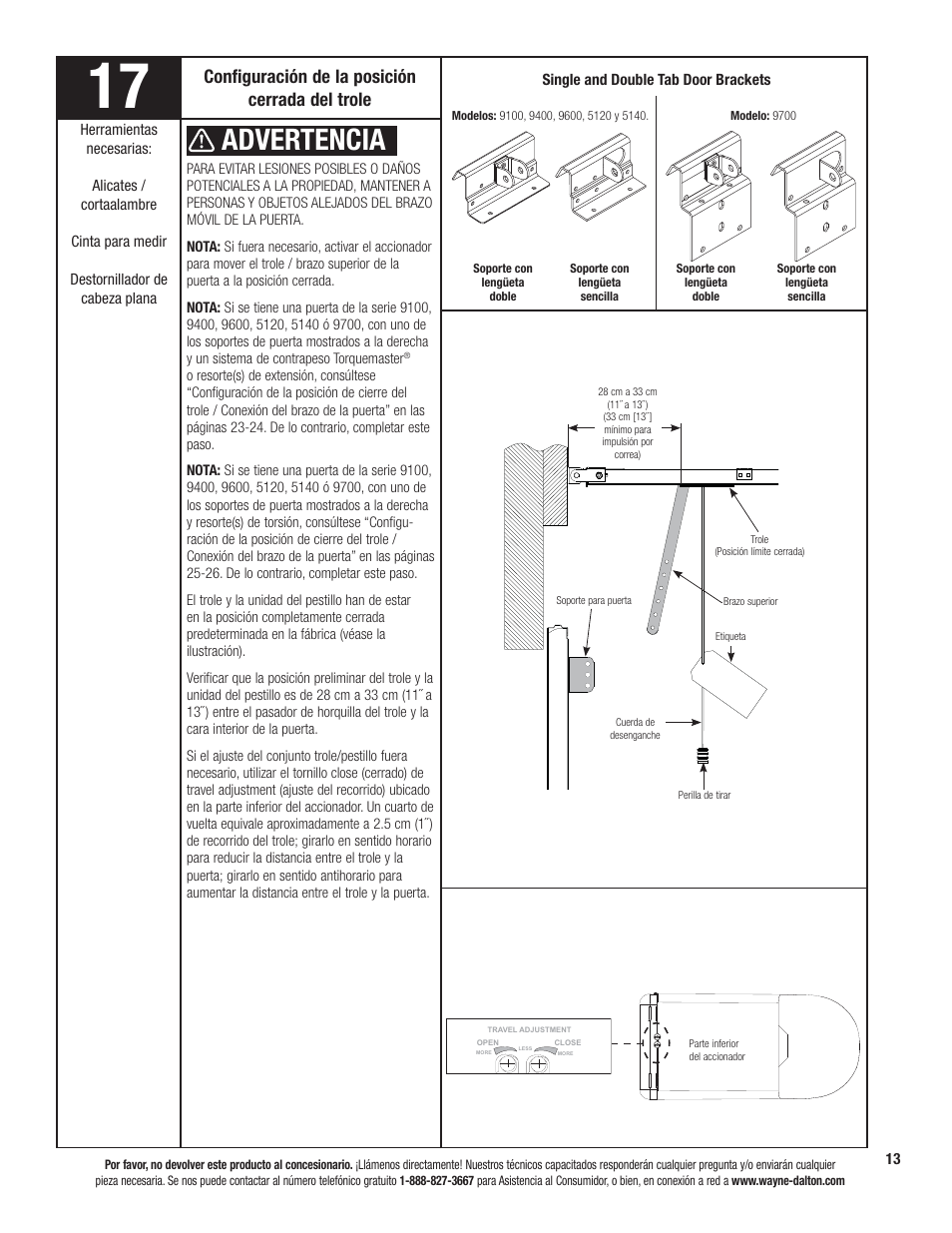 Advertencia, Configuración de la posición cerrada del trole | Wayne-Dalton PRODRIVE 3221C-Z User Manual | Page 67 / 96