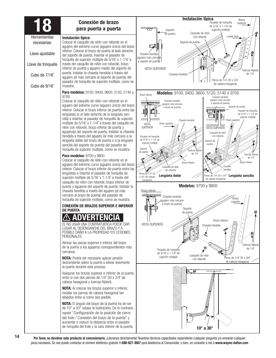 Advertencia, Conexión de brazo para puerta a puerta | Wayne-Dalton PRODRIVE 3221C-Z User Manual | Page 68 / 96