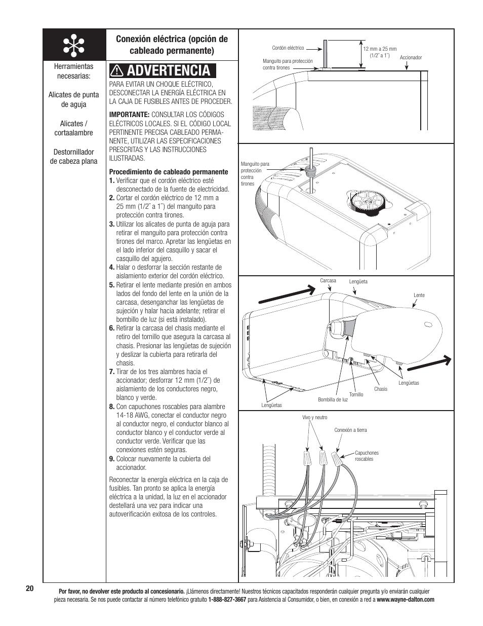 Advertencia, Conexión eléctrica (opción de cableado permanente) | Wayne-Dalton PRODRIVE 3221C-Z User Manual | Page 74 / 96