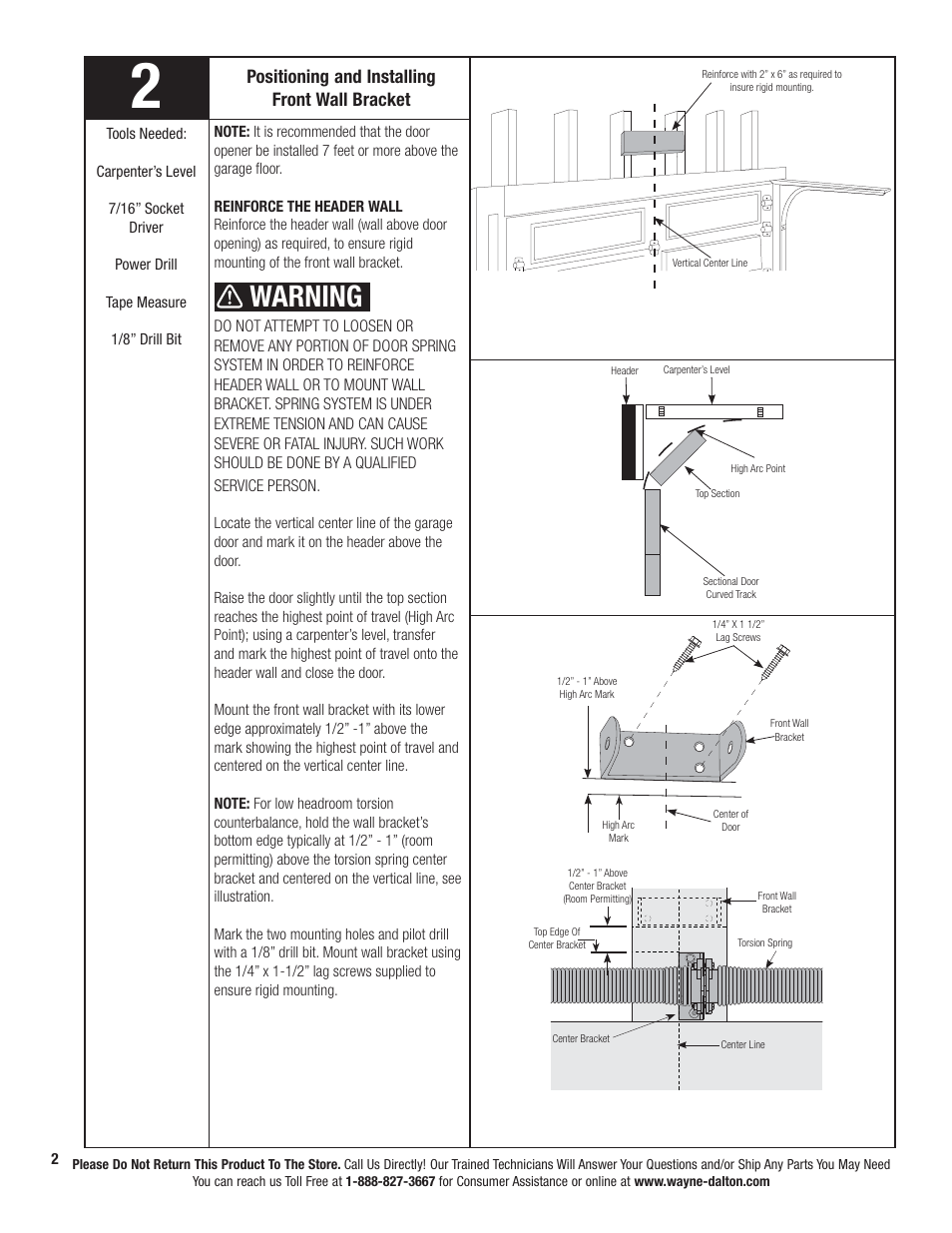 Warning, Positioning and installing front wall bracket | Wayne-Dalton PRODRIVE 3221C-Z User Manual | Page 8 / 96