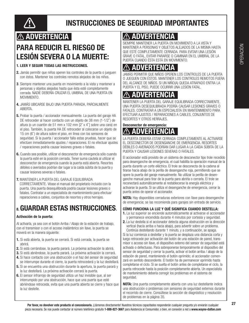 Advertencia, Guardar estas instrucciones | Wayne-Dalton PRODRIVE 3221C-Z User Manual | Page 81 / 96