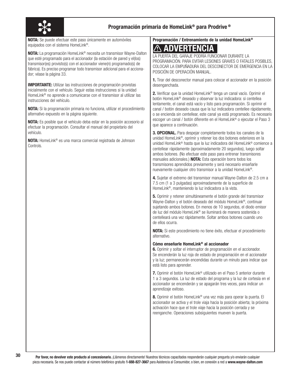 Advertencia, Programación primaria de homelink, Para prodrive | Wayne-Dalton PRODRIVE 3221C-Z User Manual | Page 84 / 96