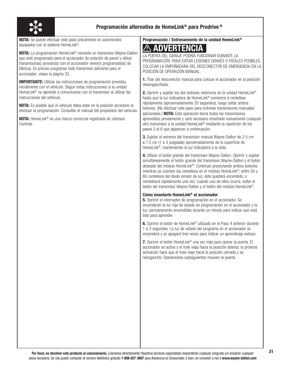 Advertencia, Programación alternativa de homelink, Para prodrive | Wayne-Dalton PRODRIVE 3221C-Z User Manual | Page 85 / 96